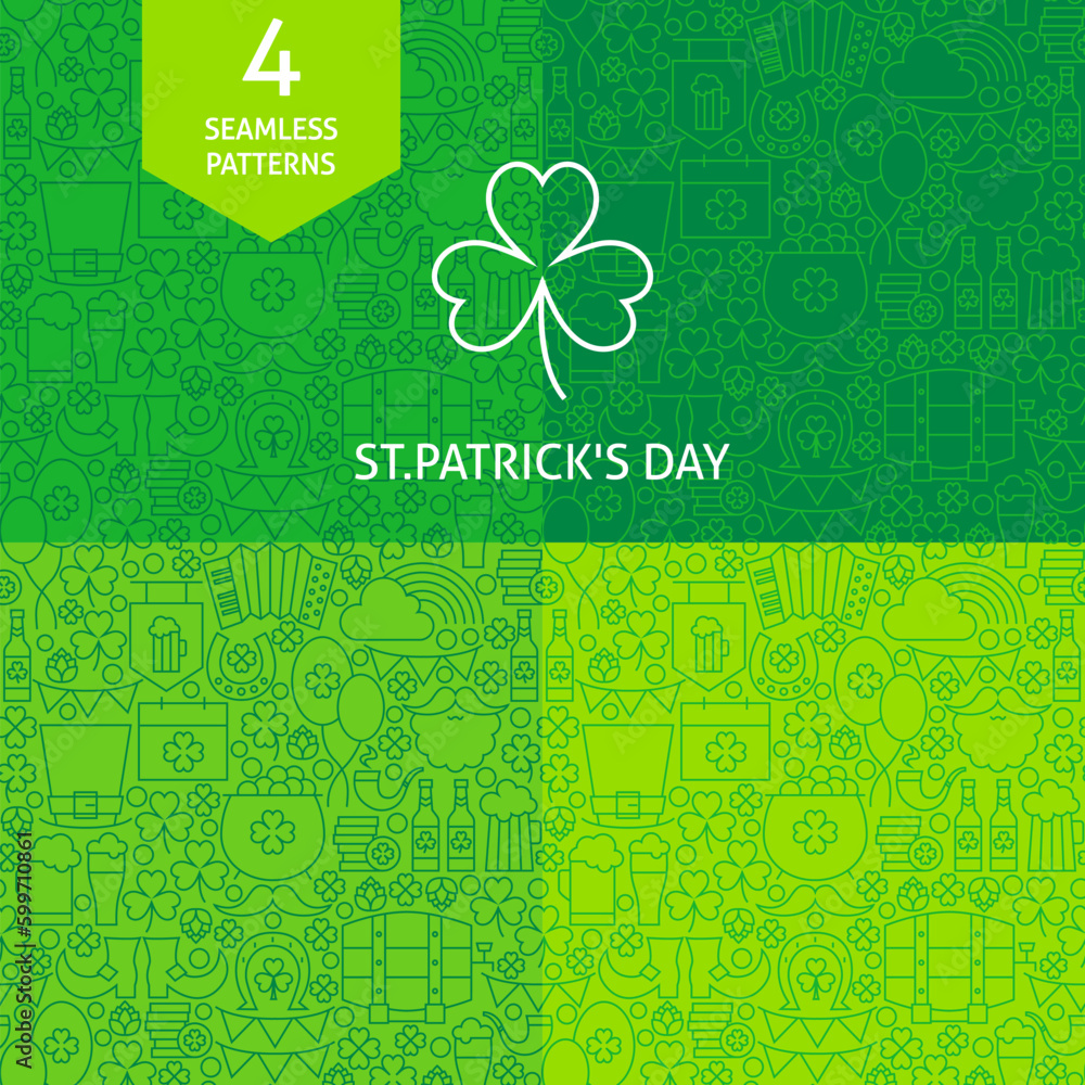 Aufkleber thin line saint patrick day patterns set. four green vector design and seamless background in trendy