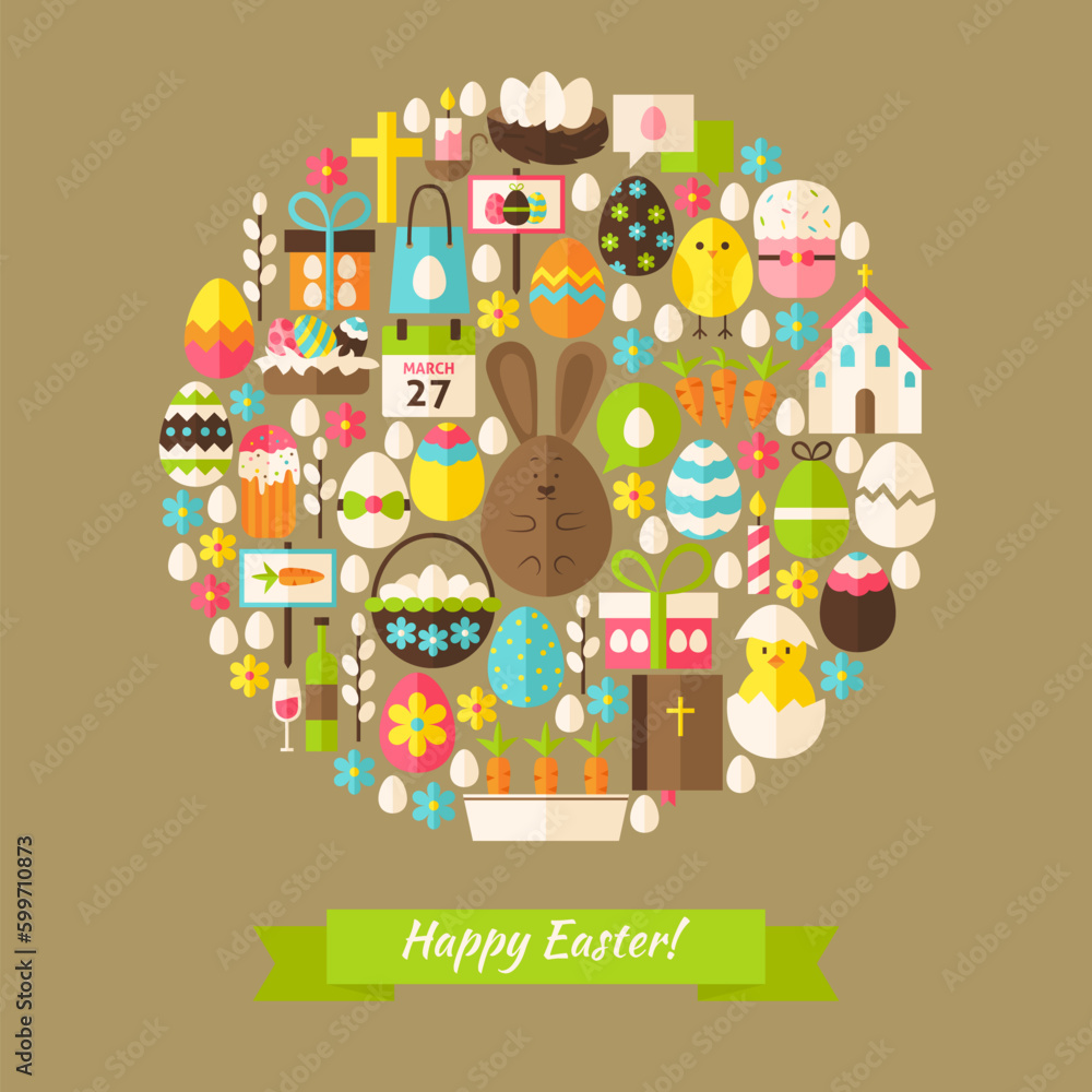 Aufkleber vector flat happy easter objects concept. collection of spring holiday colorful objects. set of chri