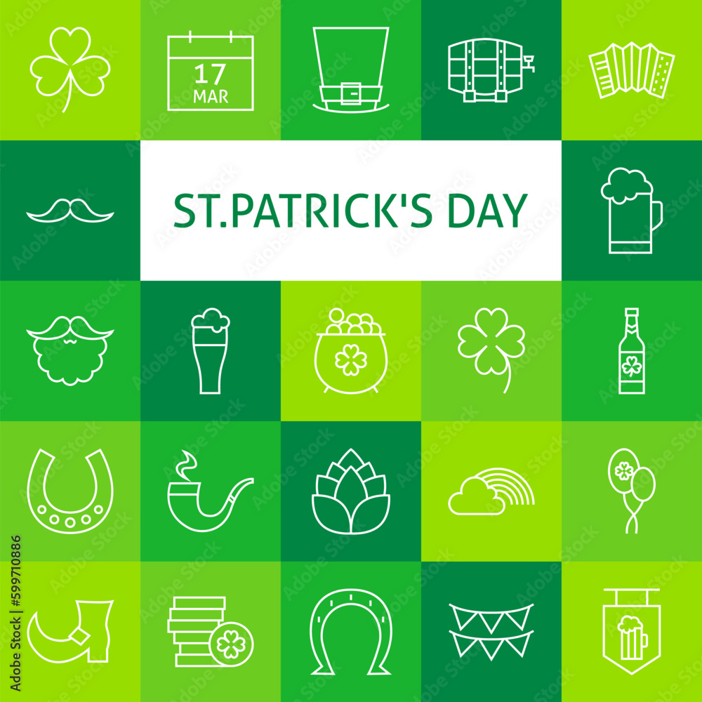 Poster line art modern saint patrick day icons set. spring icons set over colorful tile. vector set of outl