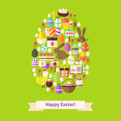 Vector Flat Happy Easter Objects Concept Egg Shaped. Collection of Spring Holiday Colorful Objects. Set of Christian Religion Items.