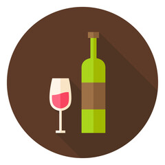 Wine Bottle with Glass Circle Icon. Flat Design Vector Illustration with Long Shadow. Alcohol drink Symbol.