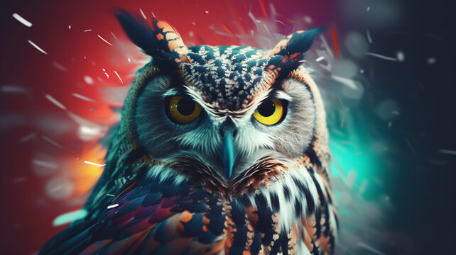 Abstract animal Owl portrait with colorful double-exposure paint. Generative AI