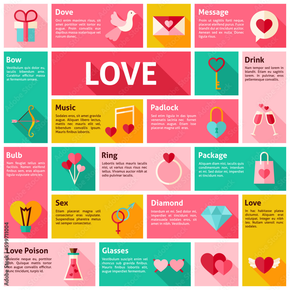Aufkleber flat design vector icons infographic love concept. design elements for mobile and web applications w