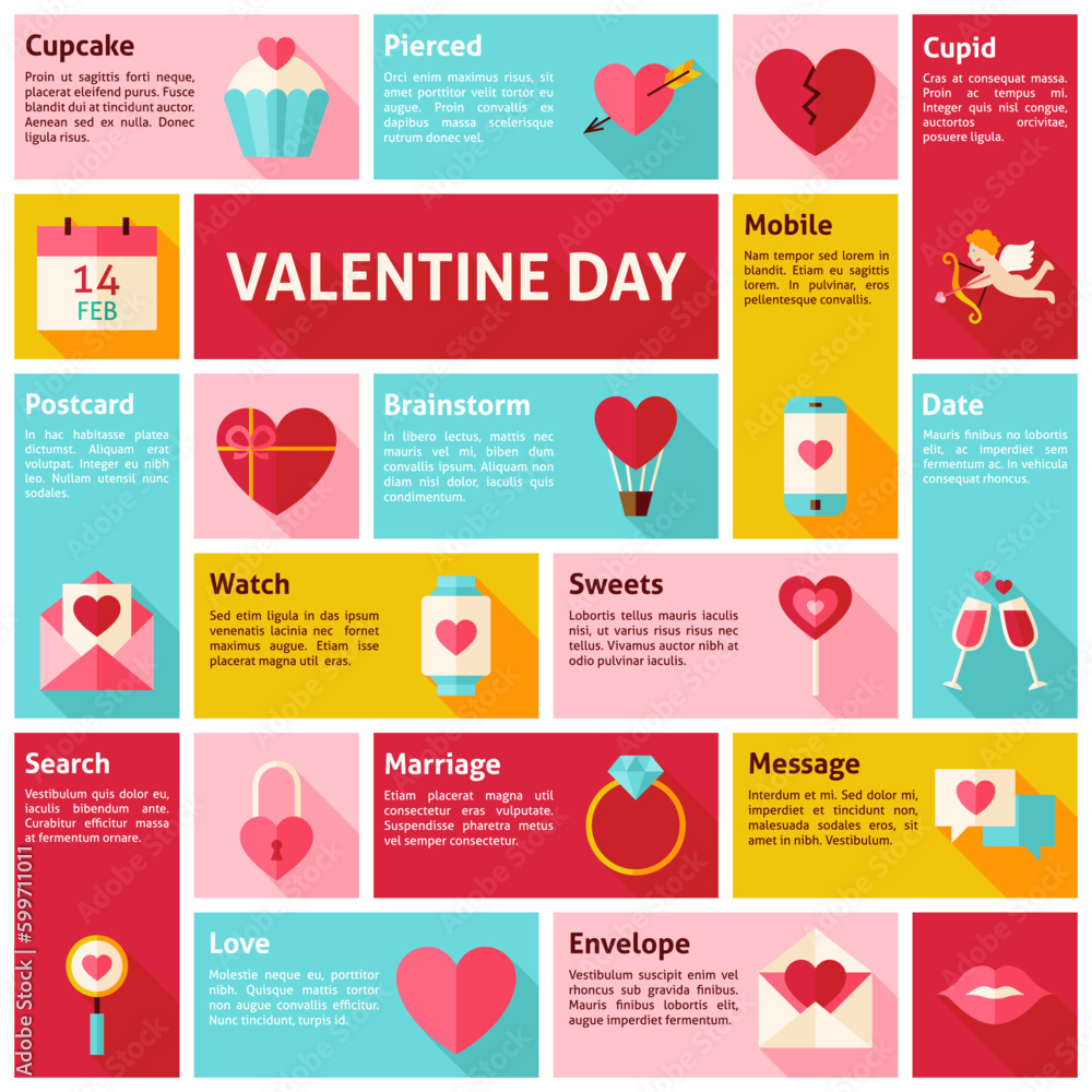 Poster flat design vector icons infographic valentine day concept. design elements for mobile and web appli