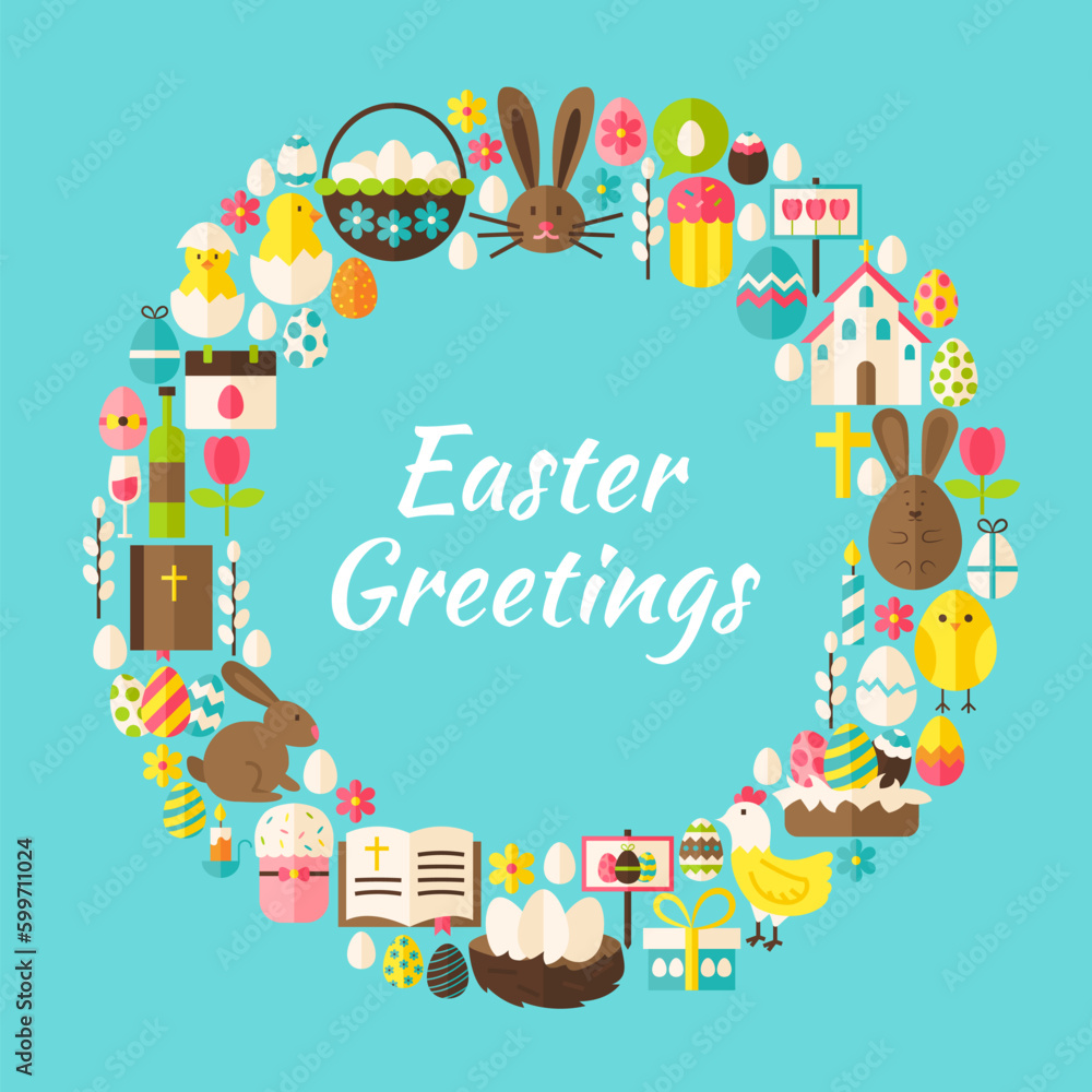 Poster flat style vector circle template collection of easter greeting objects. set of spring religious hol
