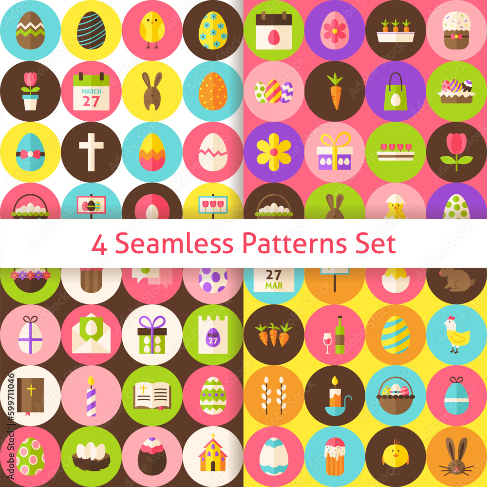 Poster four happy easter seamless pattern set with circles. flat design vector illustration. background. se