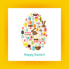 Flat Egg Shaped Vector Set of Happy Easter Objects. Collection of Spring Religious Holidays Items Isolated over white. Design Elements over Paper Template.