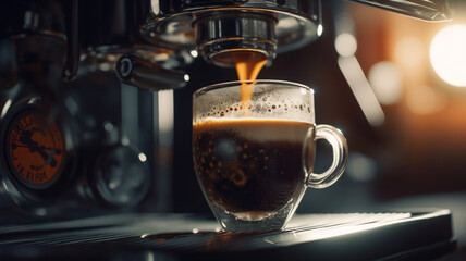 Close-up of espresso pouring from coffee machine. Generative AI