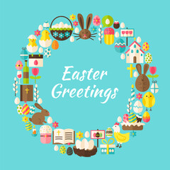 Flat Style Vector Circle Template Collection of Easter Greeting Objects. Set of Spring Religious Holiday Items.