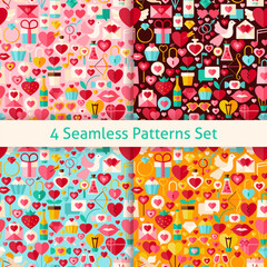 Four Valentine Day Seamless Patterns Set. Wedding Flat Design Vector Illustration. Background. Set of Love Holiday Items.