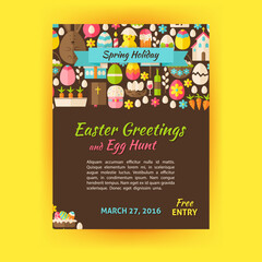 Happy Easter Holiday Template Poster. Flat Design Vector Illustration of Brand Identity for Spring Religious Holiday Promotion. Colorful Pattern for Advertising.