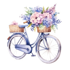 Fototapeta na wymiar Cute watercolor bicycle with flowers. Illustration AI Generative.
