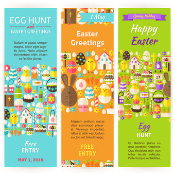 Easter Holiday Invitation Vertical Flyer Set. Flat Design Vector Illustration of Brand Identity for Spring Religious Holiday Promotion. Colorful Pattern for Advertising.