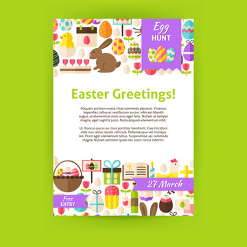 Happy Easter Invitation Template Poster. Flat Design Vector Illustration of Brand Identity for Spring Religious Holiday Promotion. Colorful Pattern for Advertising.