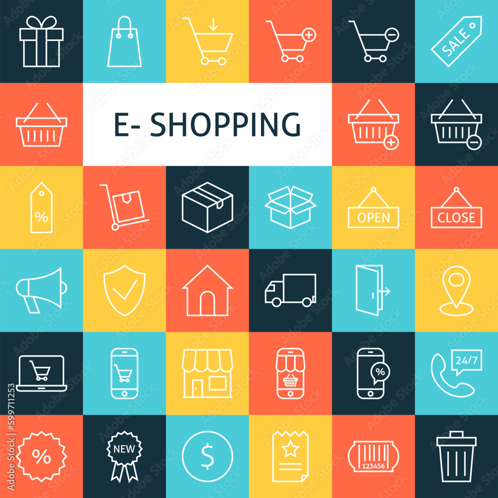 Poster line art online shopping icons set. vector collection of e-commerce modern outline icons for web and