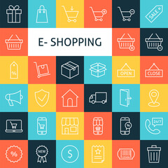 Line Art Online Shopping Icons Set. Vector Collection of E-commerce Modern Outline Icons for Web and Mobile over Colorful Squares.