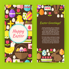 Fototapeta premium Vertical Flyer Template Happy Easter. Flat Style Design Vector Illustration of Brand Identity for Spring Promotion. Colorful Pattern for Christian Holiday Advertising.
