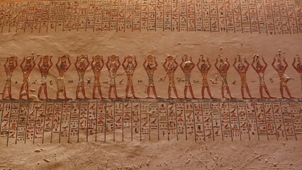 Mural paintings in Ramses V and Ramses VI tomb (KV9) in valley of the kings in Luxor in Egypt