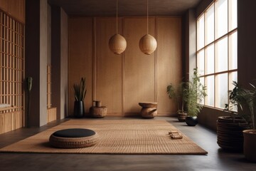Bamboo walls with woven mat accents, rattan furniture and ceramic pots. A minimalist space ideal for yoga, meditation, reflection and practicing Ayurvedic principles. Generative AI - obrazy, fototapety, plakaty