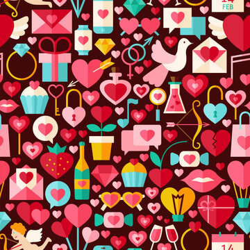 Valentine Day Dark Seamless Pattern. Love Flat Design Vector Illustration. Tile Background. Set of Wedding Items.