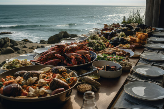 Gastronomic seafood Paradise. Indulge in the culinary wonders of a lavish seafood feast arranged on a rustic wooden table against a scenic sea background AI Generative
