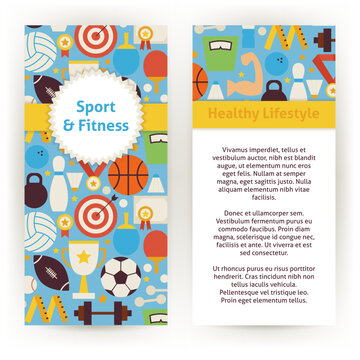 Flyer Template of Sport and Fitness Objects and Elements. Flat Style Design Vector Illustration of Brand Identity for Competition and Team Games Promotion. Colorful Pattern for Advertising.