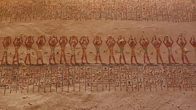 Mural paintings in Ramses V and Ramses VI tomb (KV9) in valley of the kings in Luxor in Egypt