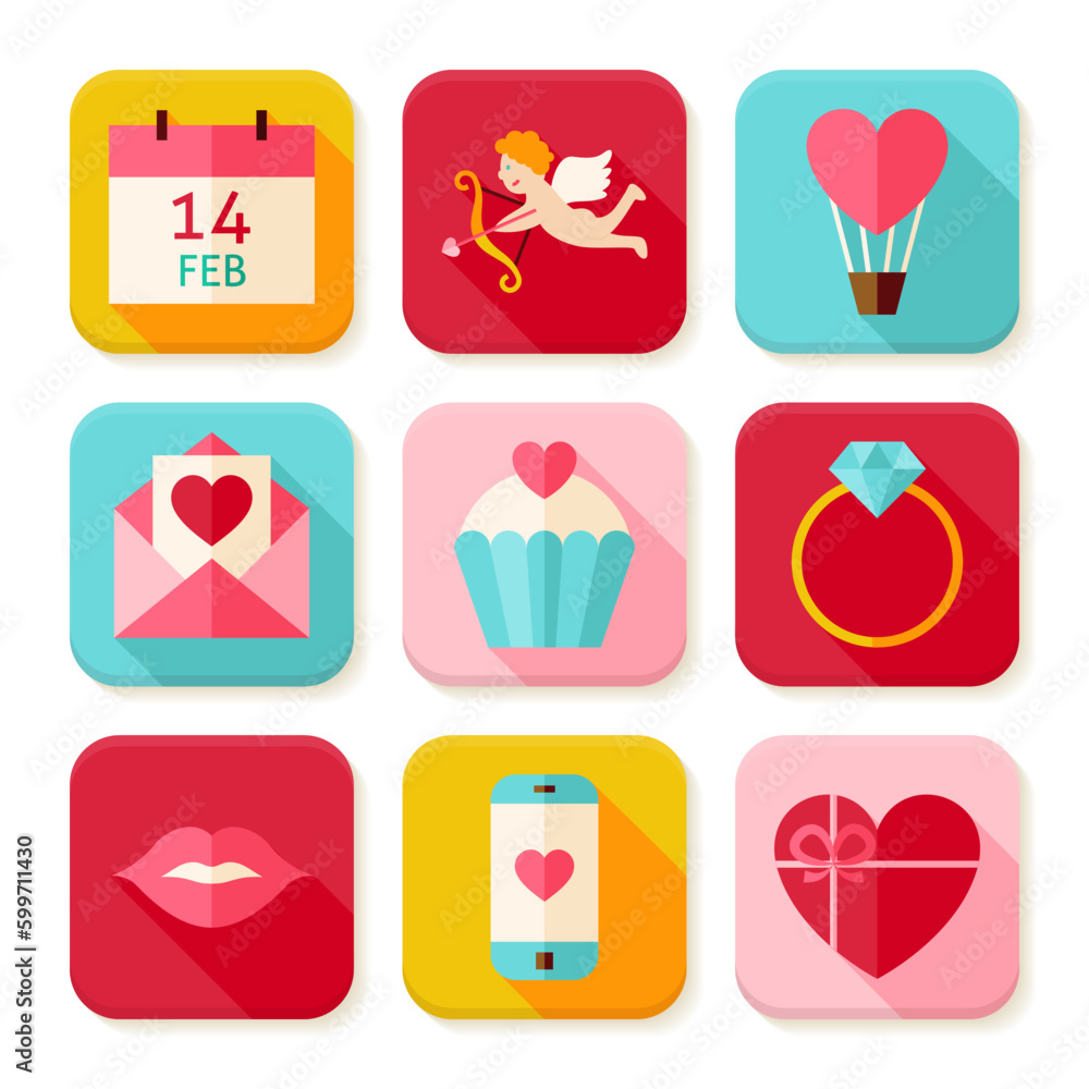 Poster happy valentine day square app icons set. flat design vector illustration. love colorful objects. ic