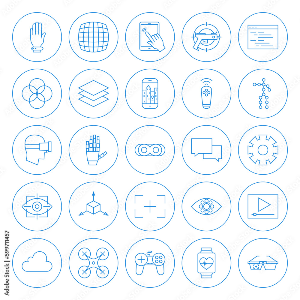 Aufkleber line circle virtual reality icons set. vector set of modern innovation technology thin line icons of