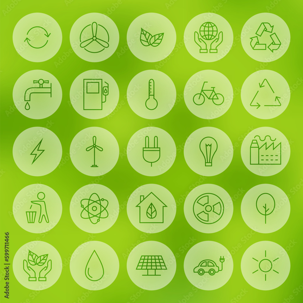 Poster line web ecology energy power icons set. vector collection of modern thin line icons of environment 
