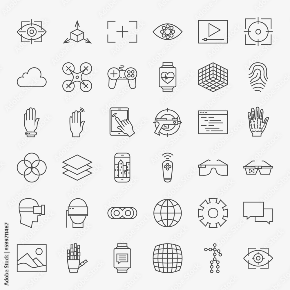Poster line virtual reality design icons big set. vector set of modern thin line icons for innovation and t