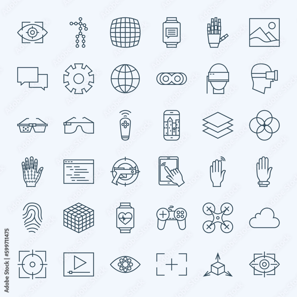 Poster line virtual reality icons set. vector set of modern thin line icons for innovation and technology a
