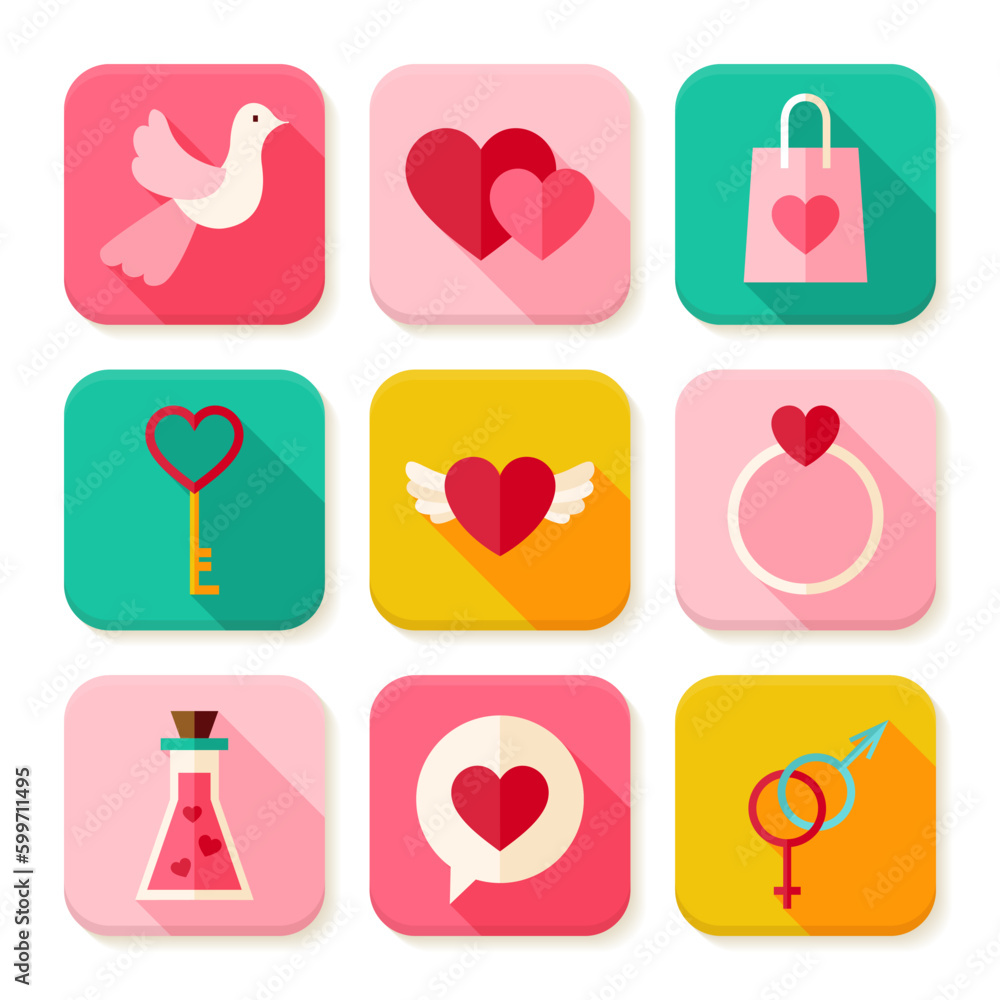 Poster love valentine day square app icons set. flat design vector illustration. happy valentine day colorf