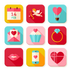 Happy Valentine Day Square App Icons Set. Flat Design Vector Illustration. Love Colorful Objects. Icons for Website and Mobile Application.
