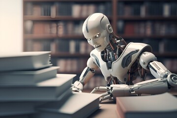 Fototapeta premium Humanoid robot studying in a library. Concept for machine learning, artificial intelligence. Generative AI.