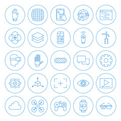 Line Circle Virtual Reality Icons Set. Vector Set of Modern Innovation Technology Thin Line Icons of Augmented Reality Circle Shaped Isolated over White Background.