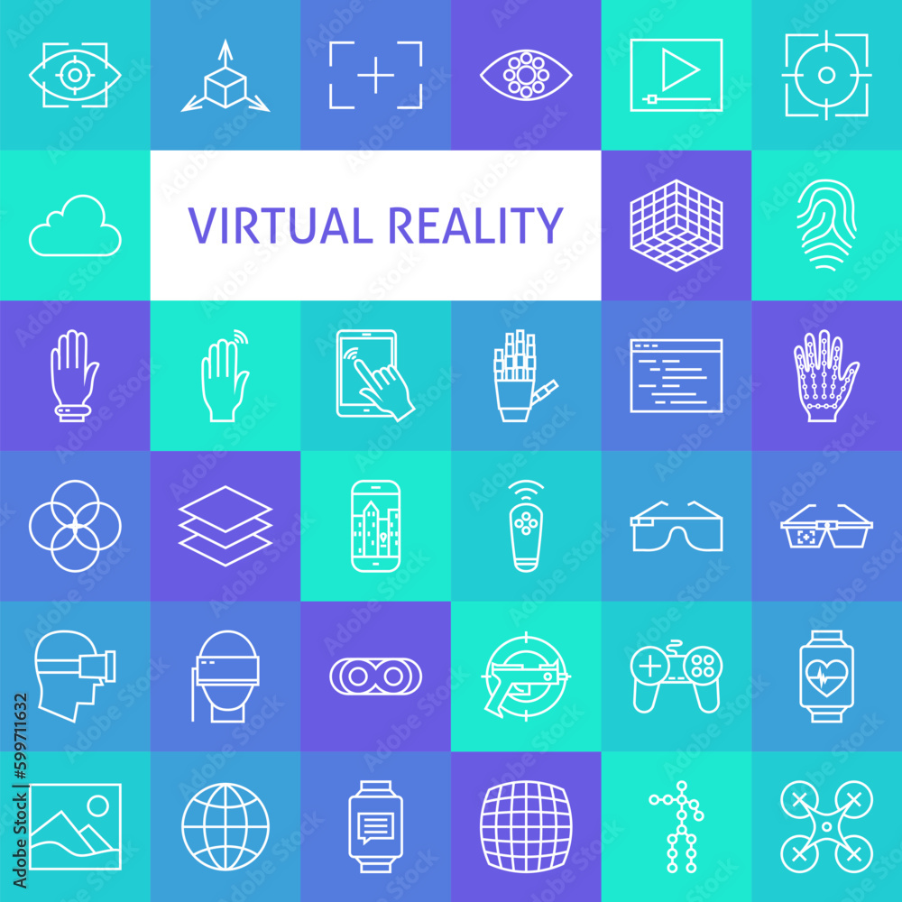 Poster outline art virtual reality icons set. vector set technology modern line icons of augmented reality 