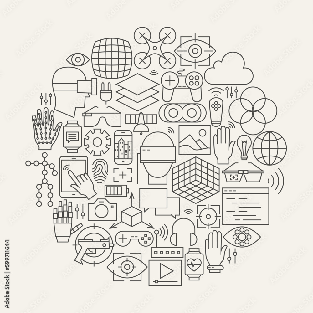 Poster virtual reality line icons set circle shape. vector illustration of technology modern augmented real