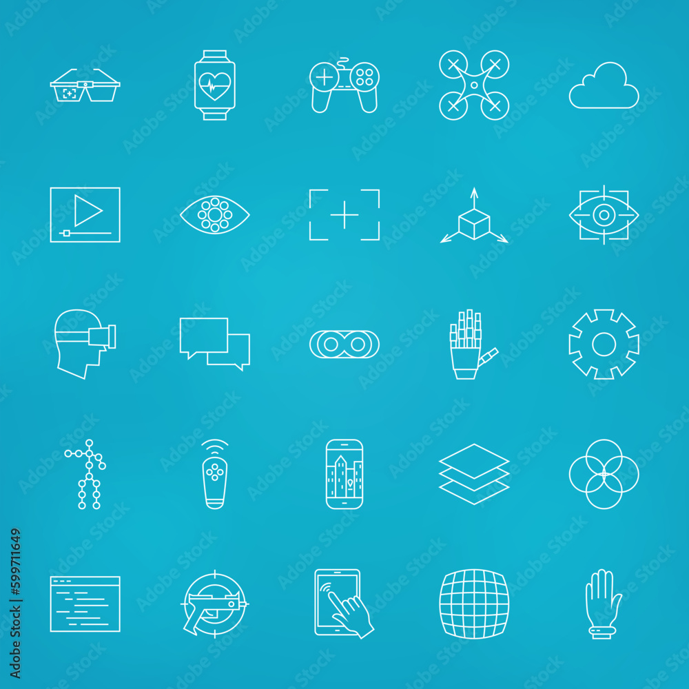 Poster virtual reality line icons set over blurred background. vector set of modern technology thin outline