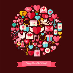 Obraz premium Vector Flat Style Happy Valentine Day Objects Concept. Collection of Love Wedding Holiday Colorful Objects. Set of Save the Date Items.