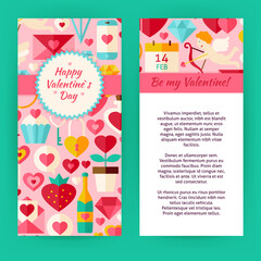 Flyer Template of Happy Valentine Day Objects and Elements. Flat Style Design Vector Illustration of Brand Identity for Wedding Promotion. Colorful Pattern for Love Advertising.