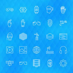 Virtual Reality Line Icons Set over Polygonal Background. Vector Set of Modern Technology Thin Line Icons of Augmented Reality gadgets over Blue Background.