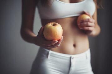 Healthy Body, Balanced Lifestyle. Wellness journey of a very skinny woman, showcasing her toned belly while holding an apple on a white background. Copy space. Fitness and nutrition AI Generative