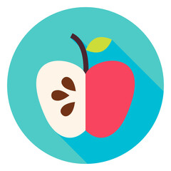 Apple Fruit Circle Icon. Flat Design Vector Illustration with Long Shadow. Dieting and Healthy Food Lifestyle Symbol.