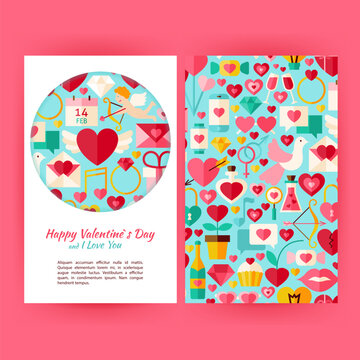 Happy Valentine Day Banners Set Template. Flat Style Vector Illustration of Brand Identity for Wedding Promotion. Colorful Love Pattern for Advertising.