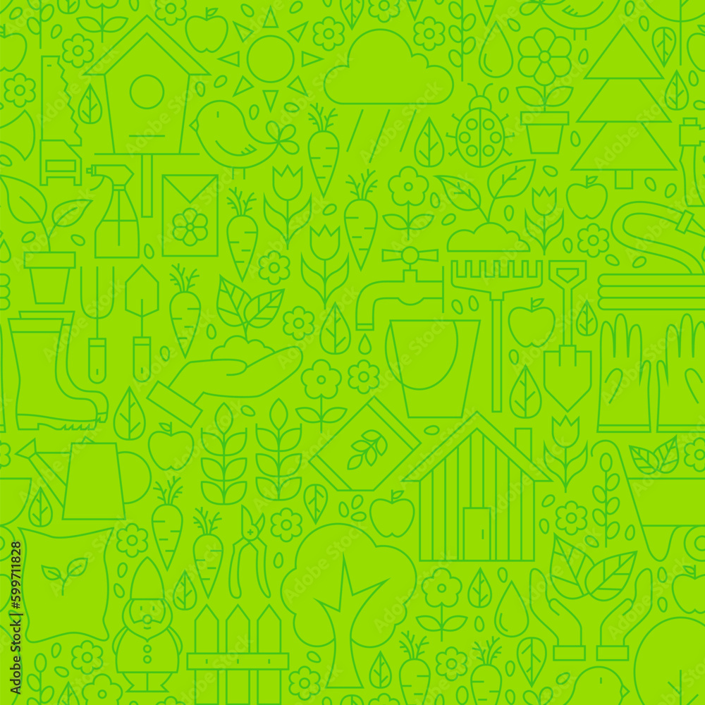 Poster thin gardening tools line seamless green pattern. vector website design and seamless background in t