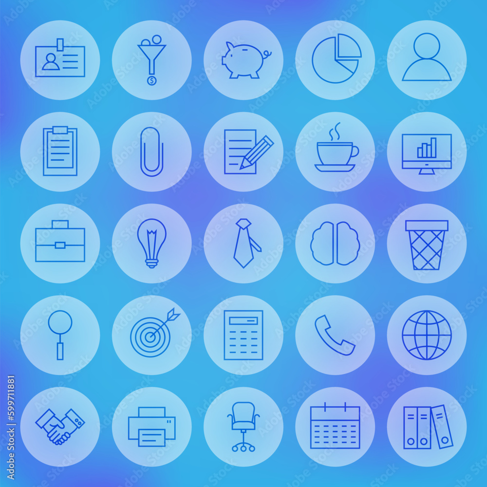 Poster line web business office icons set. vector collection of modern thin outline icons of working place 