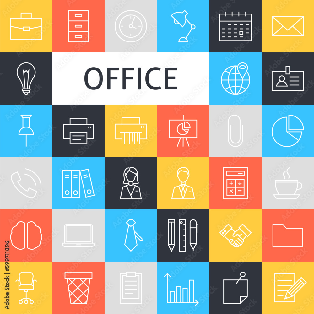 Poster vector line art business office icons set. vector set of modern thin outline working place and job i