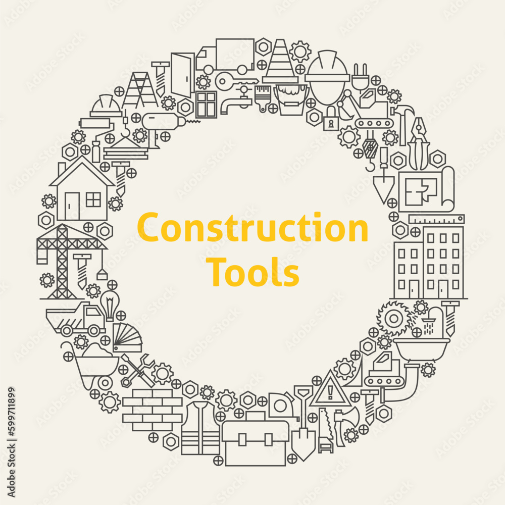 Poster construction tools line art icons set circle. vector illustration of business objects. building and 