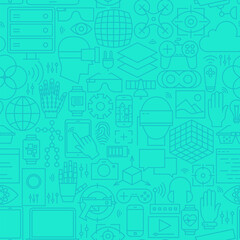 Thin Augmented Reality Line Seamless Mint Pattern. Vector Website Design and Seamless Background in Trendy Modern Outline Style. Virtual Reality Technology.